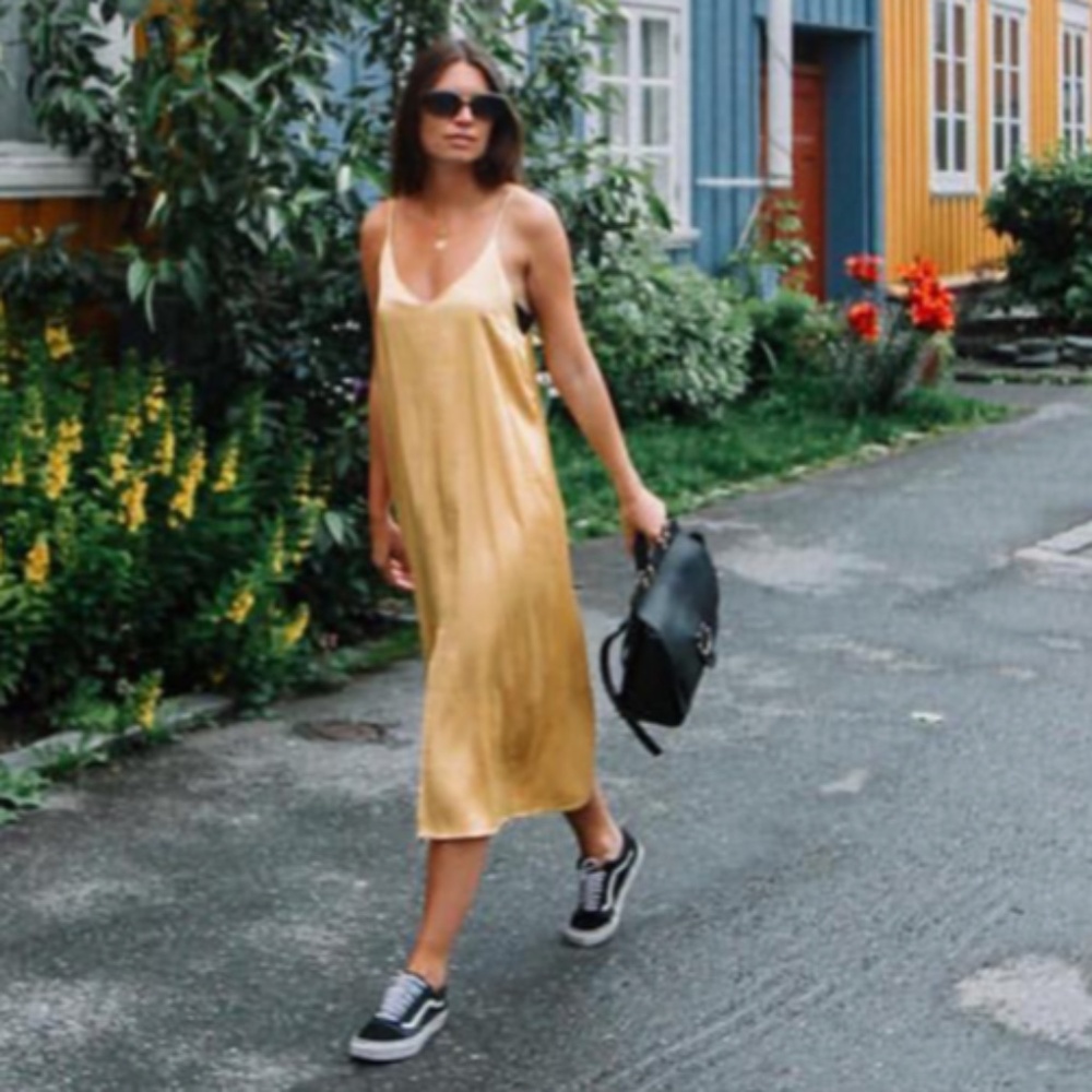 Rowie 'Alushia' gold / yellow satin midi dress, ochre, XS